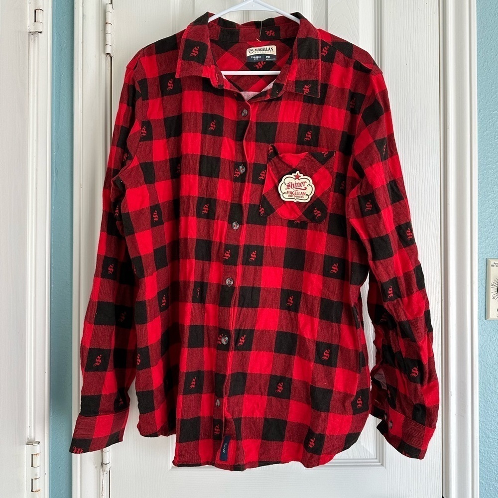 Magellan Shiner Bock Shirt Mens XXL Red Flannel Plaid Shiner Texas Long Sleeve - Picture 1 of 5